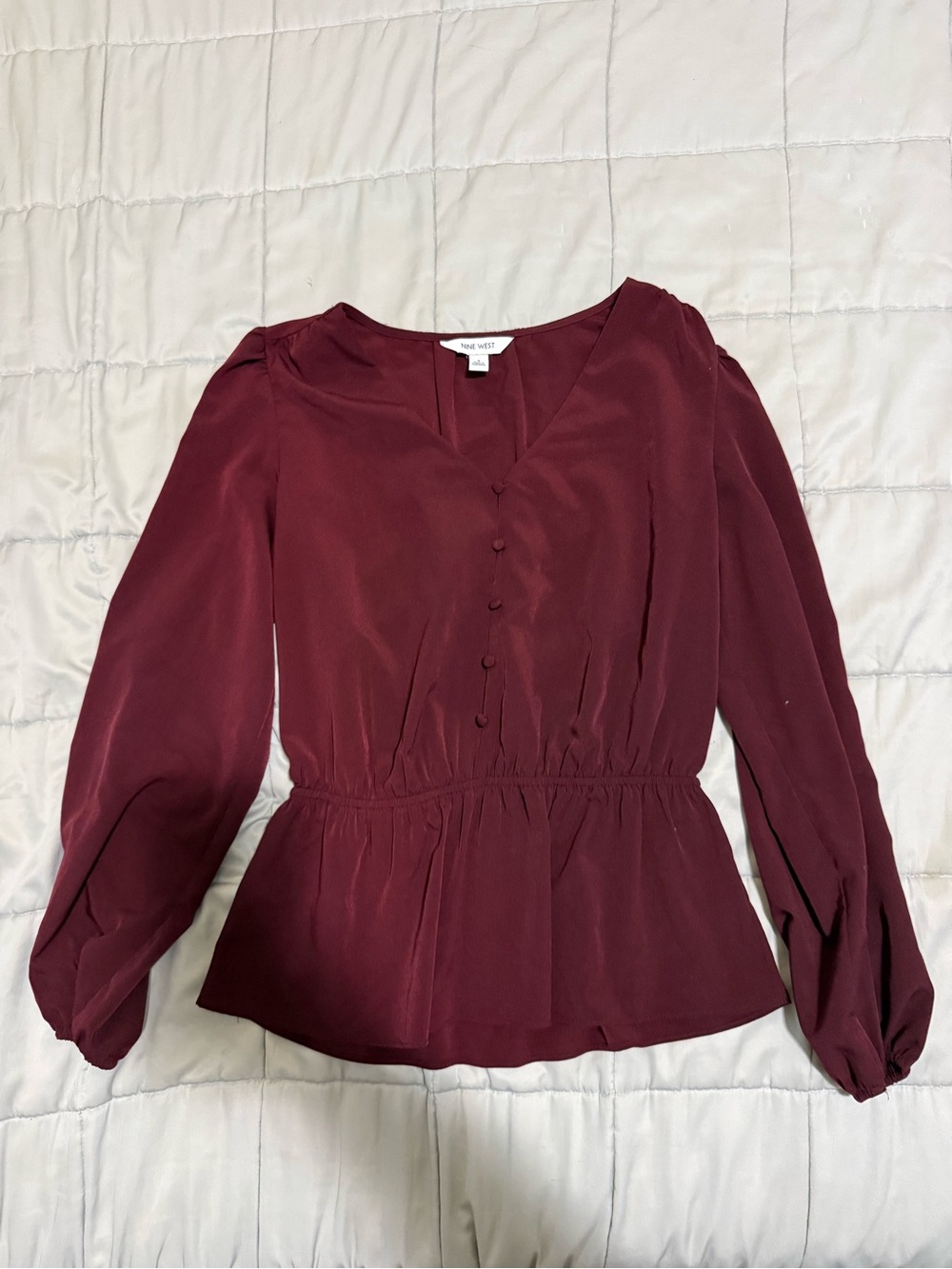 Nine West Burgundy Long-Sleeve V-Neck Peplum Blouse